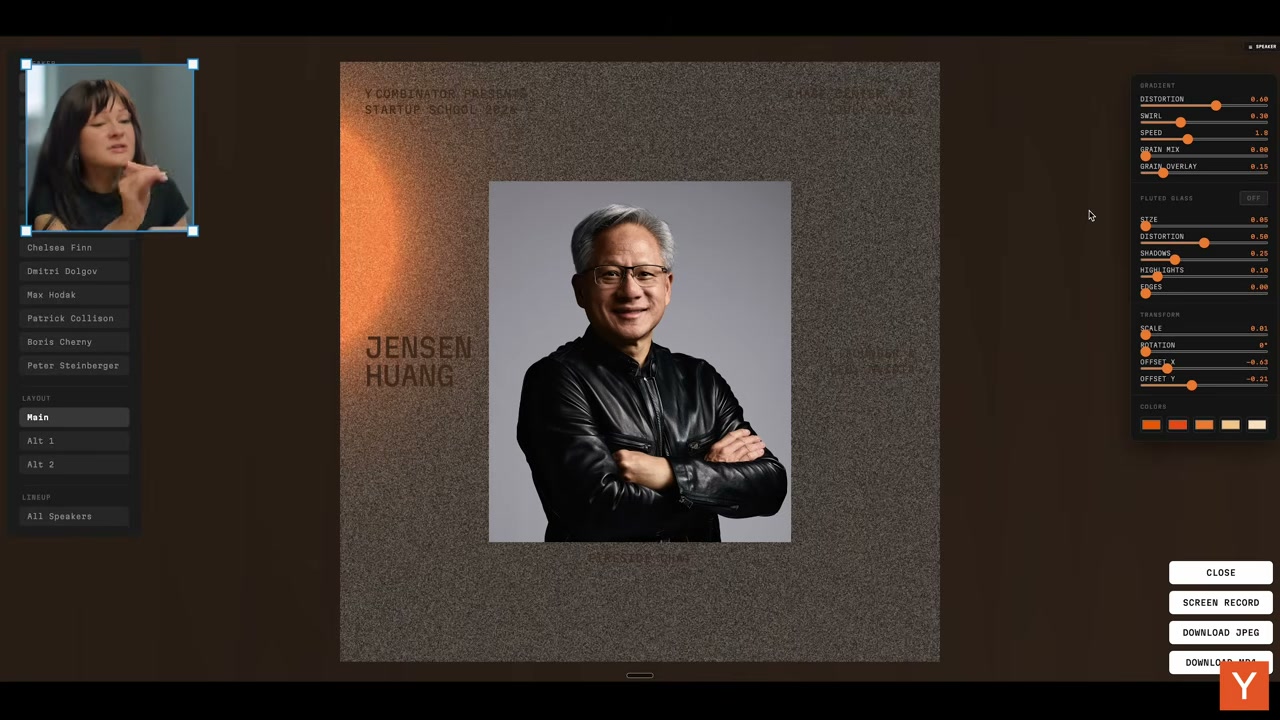 Startup School 2026 브랜딩에서 shader parameter와 loop 영상을 조절하는 장면. 브랜드 시스템이 정적인 파일이 아니라, 반복 생성 가능한 코드와 parameter 세트로 바뀌는 지점이다. 출처: Y Combinator 영상 캡처.