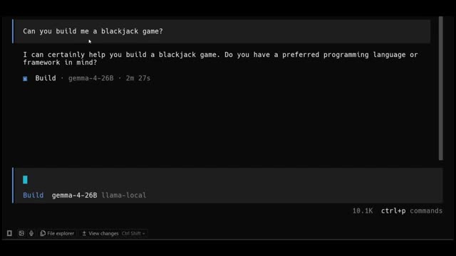 OpenCode에서 Gemma 4로 코딩 작업을 시도하는 장면