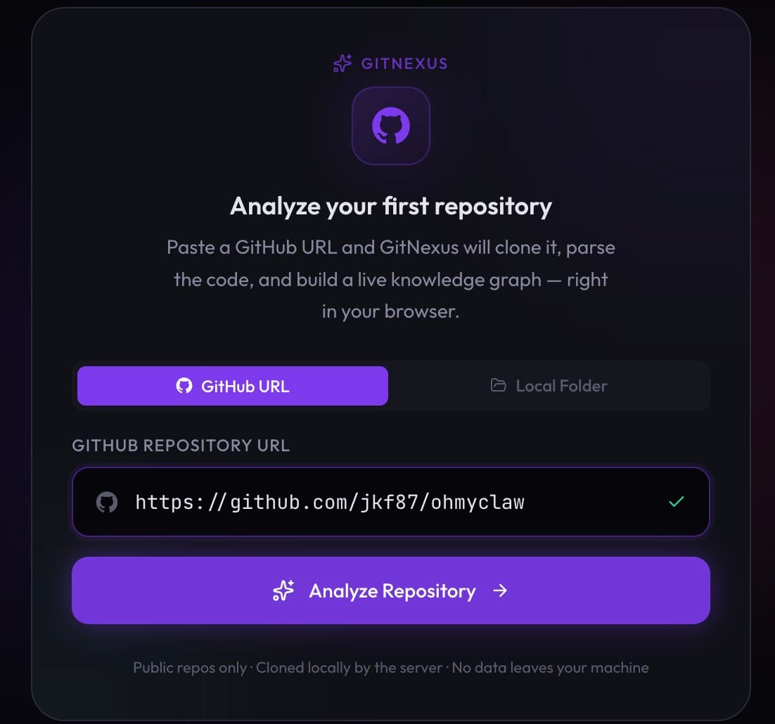 GitNexus 로컬 서버 첫 화면 - GitHub URL 입력창에 jkf87/ohmyclaw 주소 붙여넣은 모습