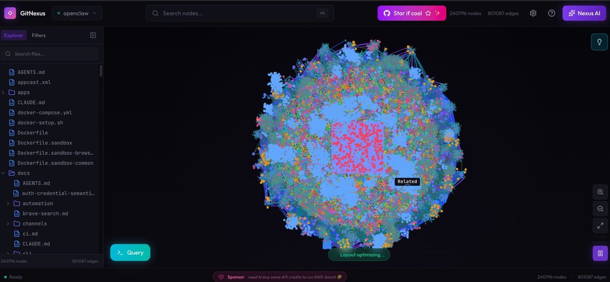 GitNexus로 openclaw 메인 레포 분석 결과 - 240,796 노드 801,087 엣지의 거대 그래프