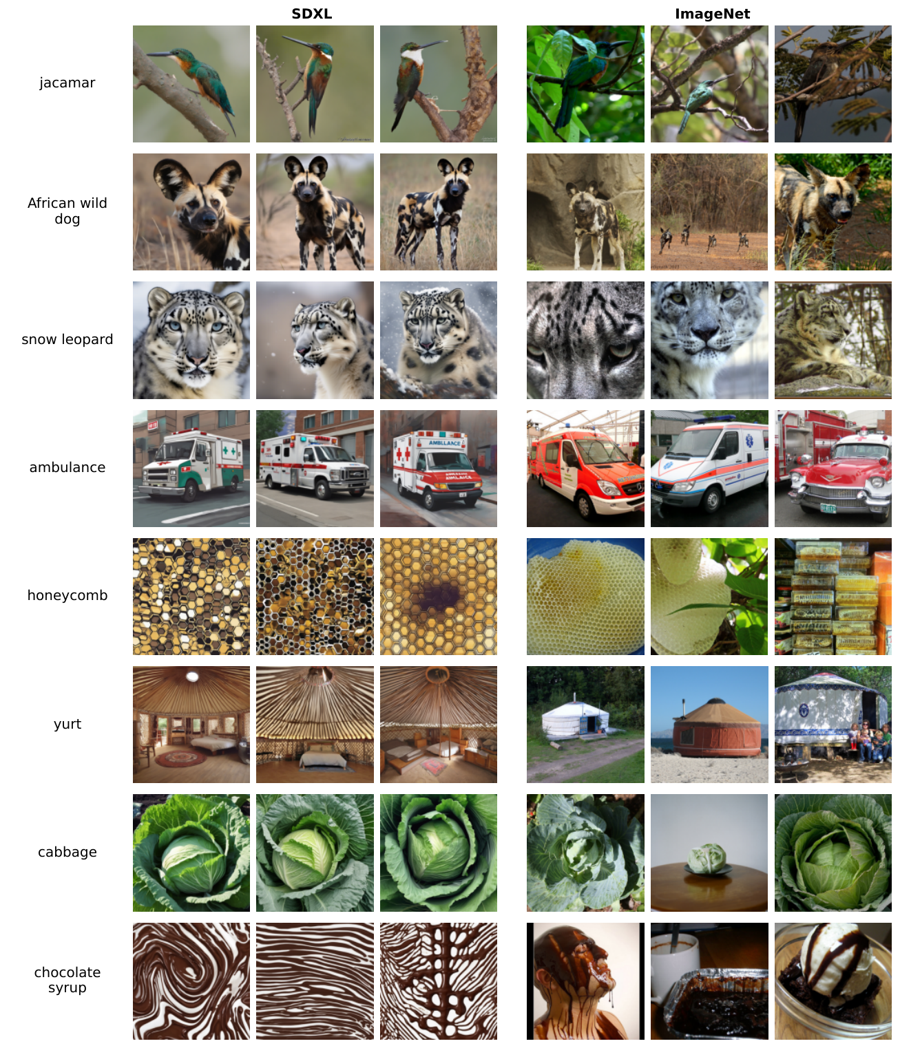 ImageNet 원본과 SDXL 생성 이미지 비교