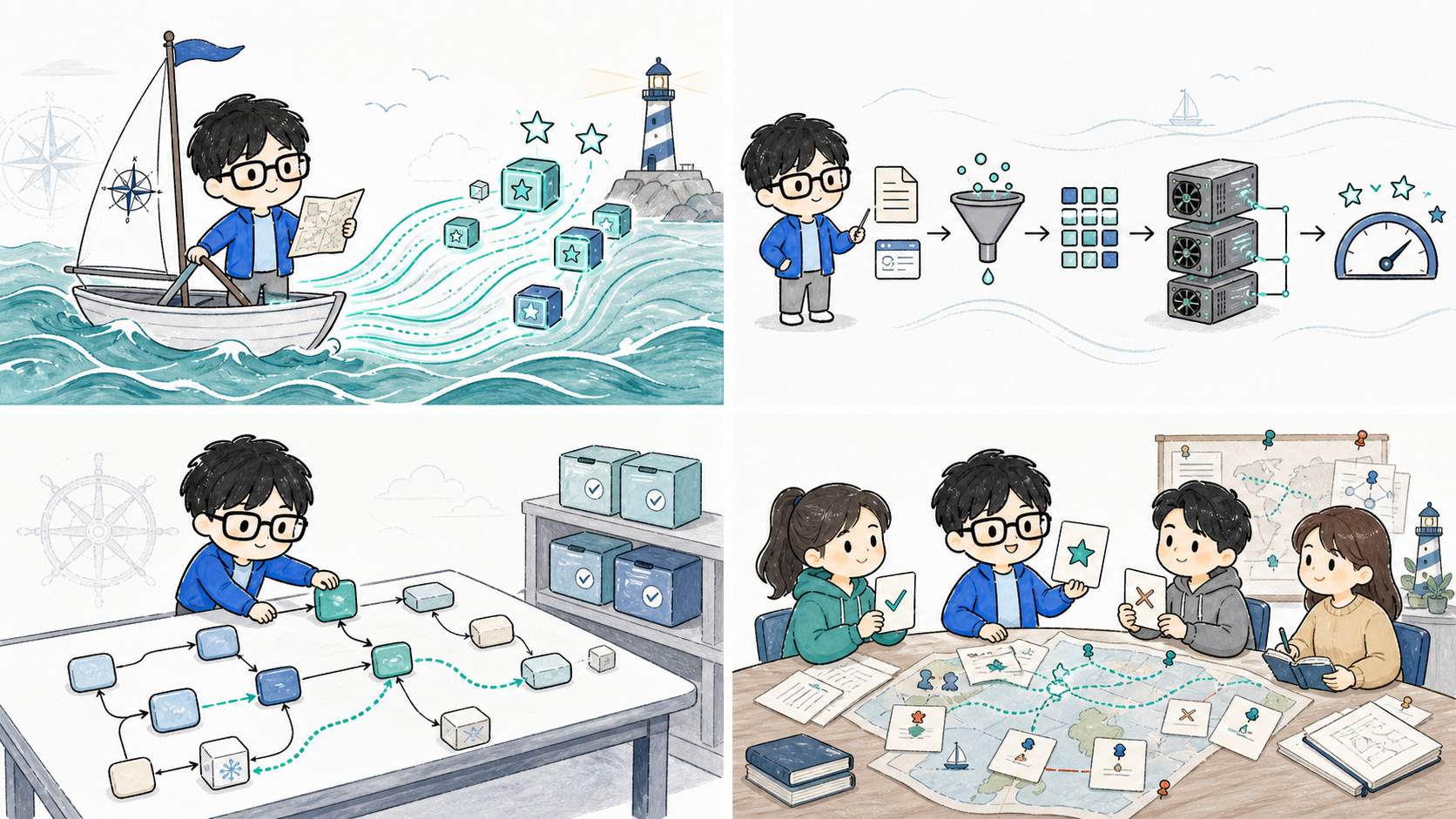 코난쌤 캐릭터가 큐브와 노드로 된 DAG를 조립하는 그림. Marin의 lazy artifact는 실험을 즉시 실행하지 않고, name@version으로 부르는 결과물 그래프를 먼저 만든 뒤 필요한 step만 실행하게 한다.