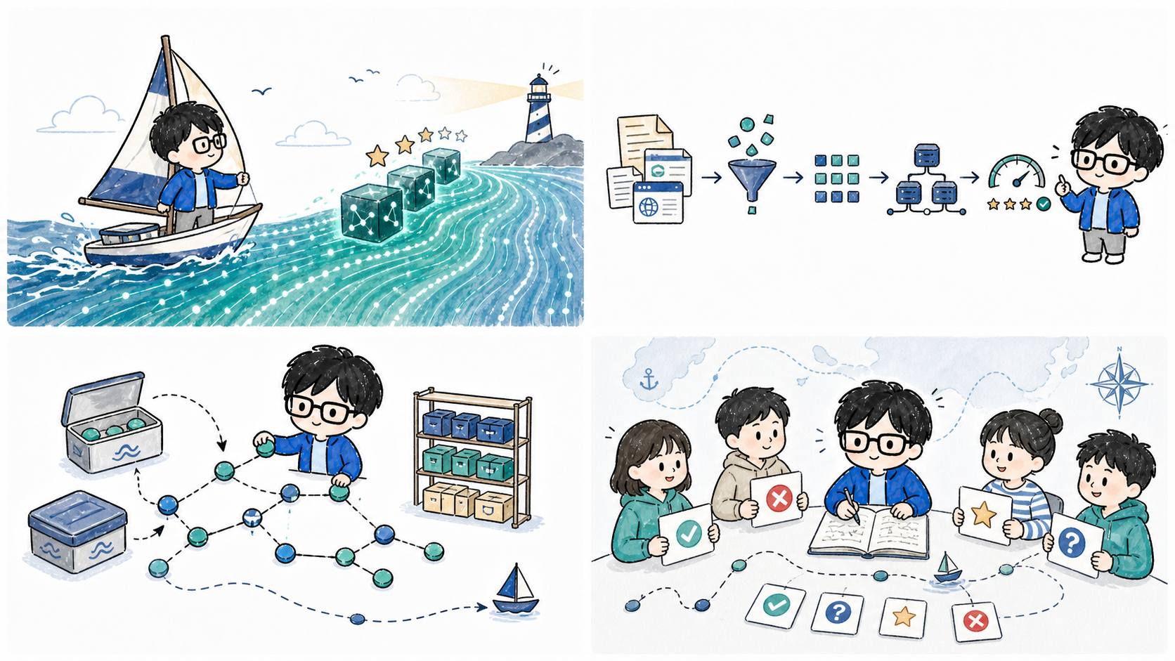 코난쌤 캐릭터가 배를 타고 데이터와 모델 블록 사이를 항해하는 그림. Marin을 볼 때 중요한 건 완성된 모델 하나가 아니라, 그 모델이 만들어지는 항로 전체라는 점이다.