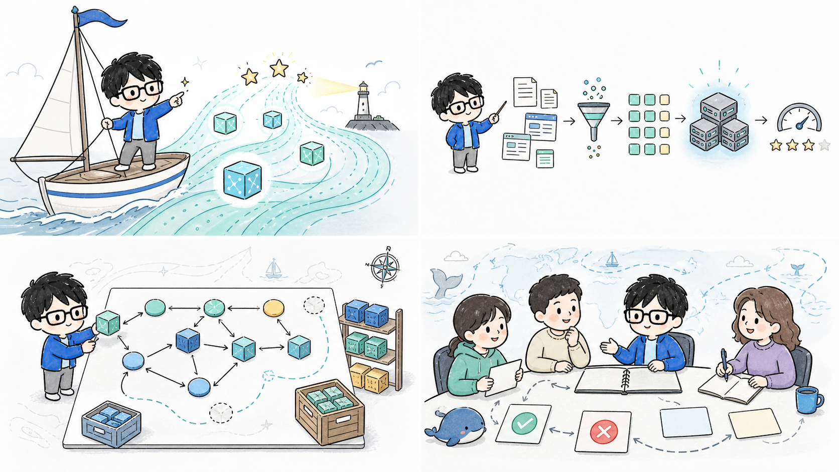 코난쌤 캐릭터와 사람들이 지도 위에서 성공·실패 카드를 놓고 경로를 고르는 그림. Open development의 가치는 성공한 checkpoint만 남기는 게 아니라, 선택과 실패가 다음 실험의 지도가 된다는 데 있다.