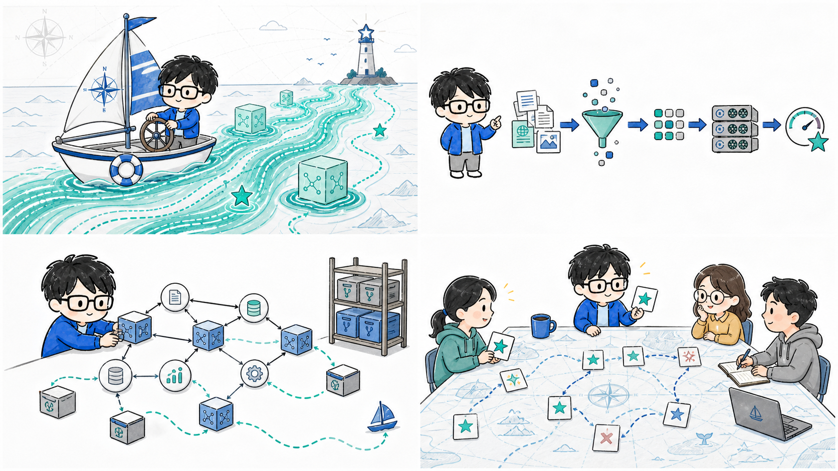 코난쌤 캐릭터가 문서, 필터, 데이터 블록, 서버, 성능 계기판으로 이어지는 파이프라인을 가리키는 그림. Marin의 핵심은 데이터 처리부터 학습과 평가까지 끊어진 스크립트가 아니라 하나의 실험 흐름으로 표현한다는 데 있다.
