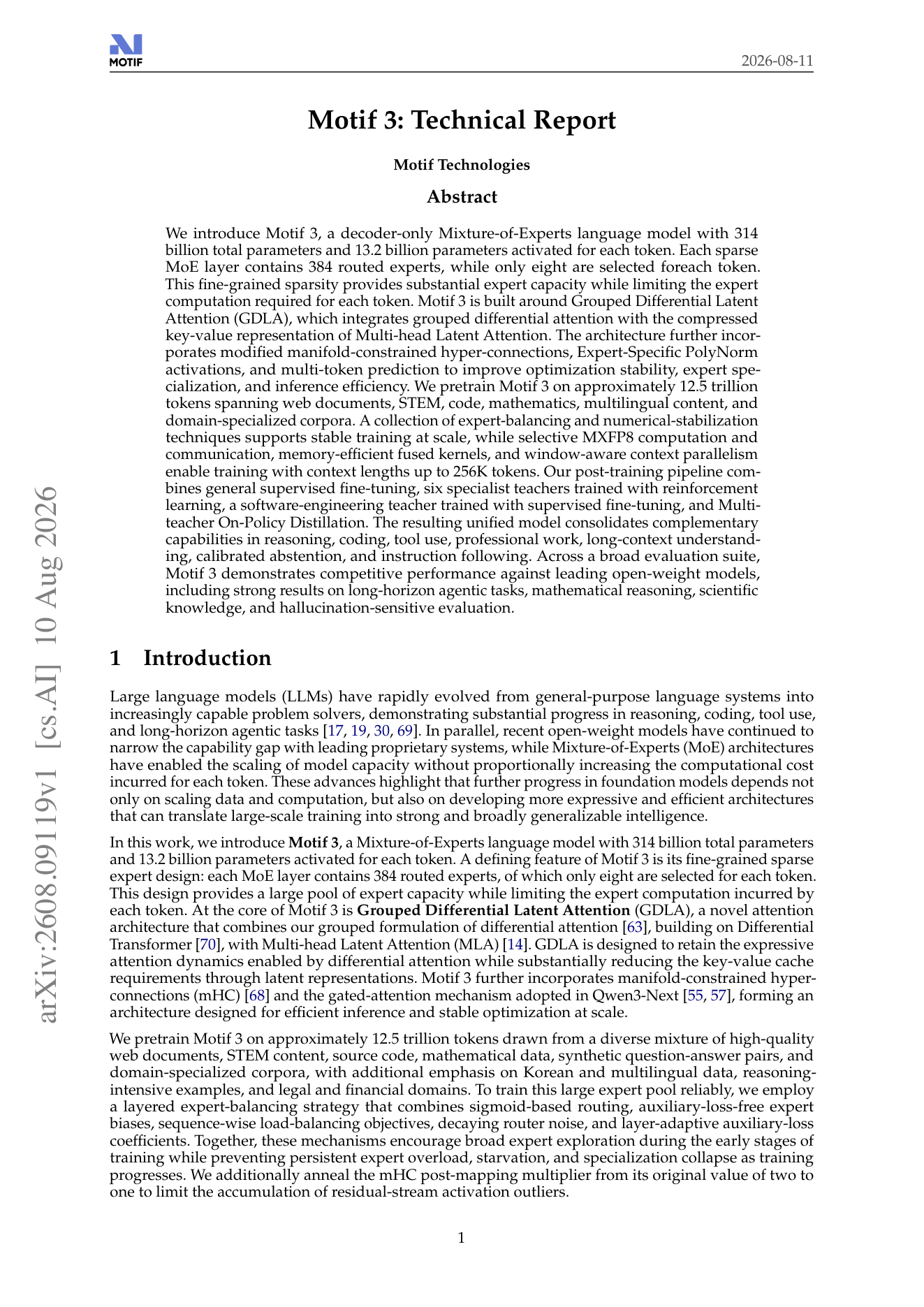 Motif 3 Technical Report 첫 페이지. 314B total parameter 모델이지만 token마다 약 13.2B만 활성화하는 MoE 구조가 핵심이다.
