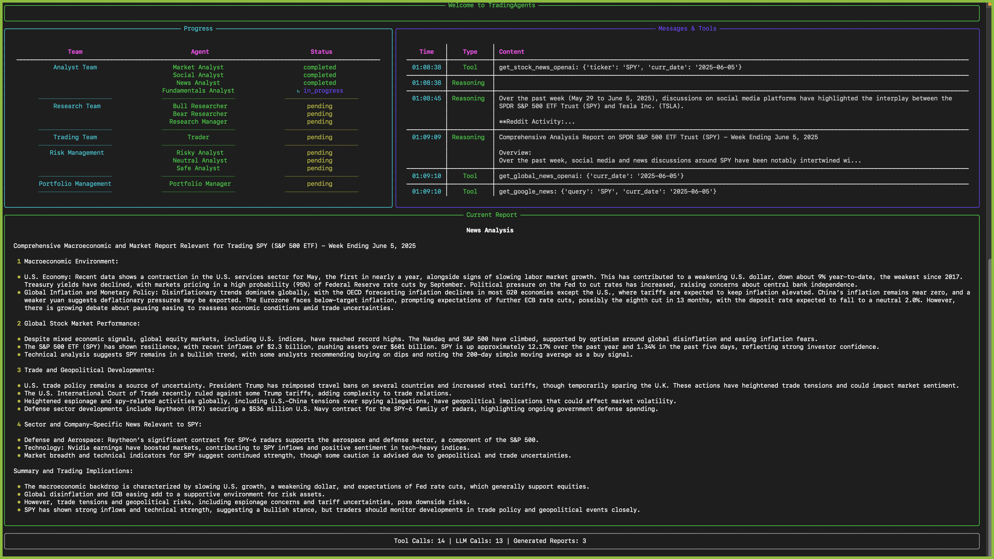 TradingAgents CLI 화면 - 뉴스 분석 결과가 실시간으로 출력되는 모습